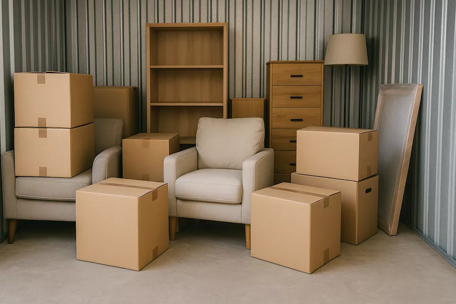Flyttkartonger och möbler i ett förråd – kombinerad flyttfirma och magasinering
