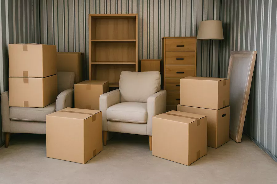 Flyttkartonger och möbler i ett förråd – kombinerad flyttfirma och magasinering